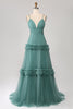 Load image into Gallery viewer, Green A Line Spaghetti Straps Tulle Long Prom Dress with Ruffles