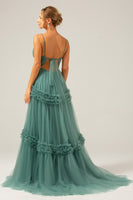 Load image into Gallery viewer, Grey Green Tulle A Line Spaghetti Straps Long Bridesmaid Dress with Ruffles