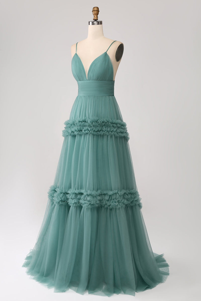 Load image into Gallery viewer, Green A Line Spaghetti Straps Tulle Long Prom Dress with Ruffles