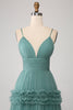 Load image into Gallery viewer, Green A Line Spaghetti Straps Tulle Long Prom Dress with Ruffles