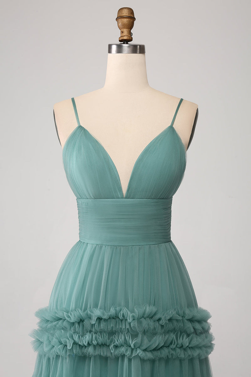 Load image into Gallery viewer, Green A Line Spaghetti Straps Tulle Long Prom Dress with Ruffles