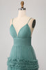 Load image into Gallery viewer, Green A Line Spaghetti Straps Tulle Long Prom Dress with Ruffles