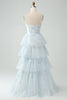 Load image into Gallery viewer, Light Blue Tulle Corset Tiered Prom Dress with Slit