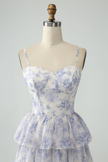 Floral Printed Tiered Long Corset Prom Dress