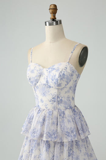 Floral Printed Tiered Long Corset Prom Dress