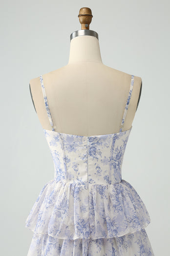 Floral Printed Tiered Long Corset Prom Dress