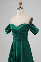 Load image into Gallery viewer, Dark Green Off the Shoulder Satin Bridesmaid Dress with Pleated