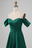Load image into Gallery viewer, Dark Green Off the Shouder A Line Satin Long Bridesmaid Dress