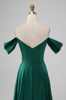 Load image into Gallery viewer, Dark Green Off the Shouder A Line Satin Long Bridesmaid Dress