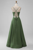 Load image into Gallery viewer, Green Satin Bridesmaid Dress with Lace Up Back