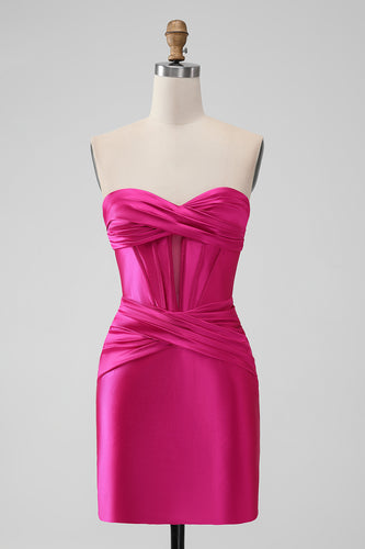Hot Pink Strapless Corset Short Graduation Dress