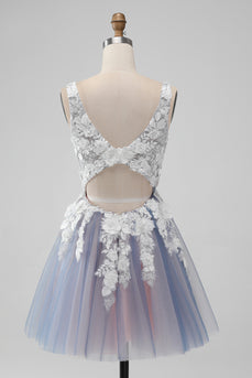 Grey Pink Tulle A Line Cute Graduation Dress with Appliques