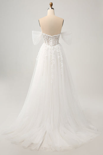 Princess Off The Shoulder Sweep Train Tulle Corset Wedding Dress with Appliques