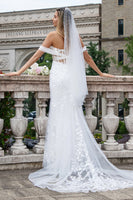 Load image into Gallery viewer, Sparkly White Off the Shoulder Corset Mermaid Tulle Wedding Dress with Sequins