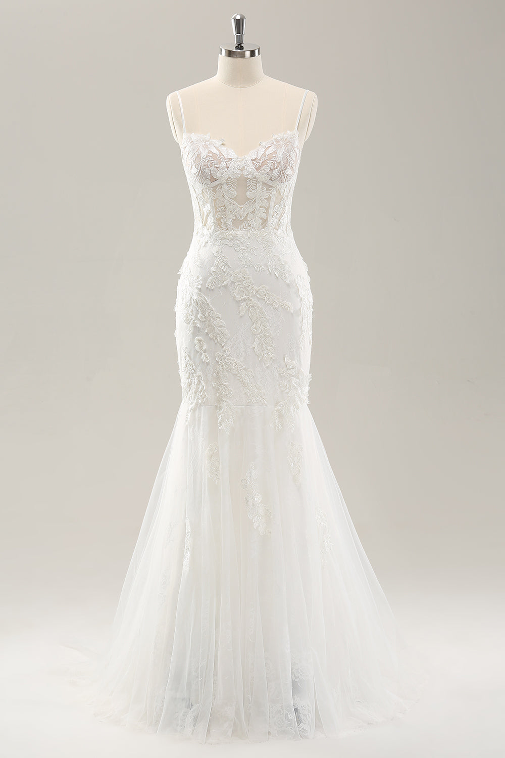 White Mermaid Spaghetti Straps Applique Lace Corset Wedding Dress with Lace-up Back