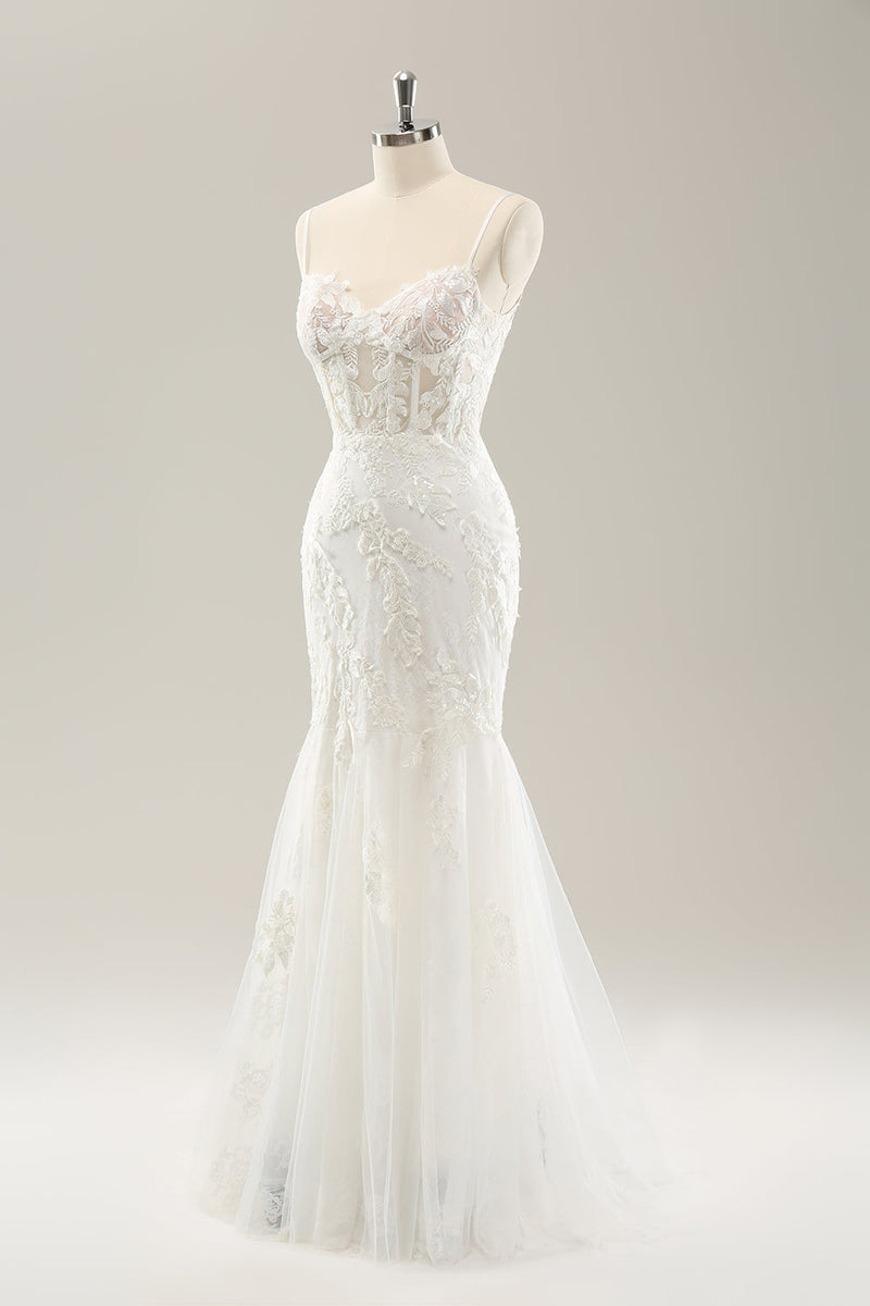 Load image into Gallery viewer, White Mermaid Spaghetti Straps Applique Lace Corset Wedding Dress with Lace-up Back