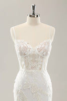 Load image into Gallery viewer, White Mermaid Spaghetti Straps Applique Lace Corset Wedding Dress with Lace-up Back