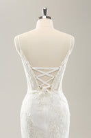 Load image into Gallery viewer, White Mermaid Spaghetti Straps Applique Lace Corset Wedding Dress with Lace-up Back