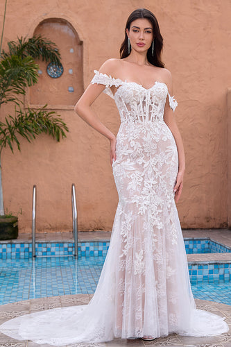 White Appliques Mermaid Off the Shoulder Wedding Dress