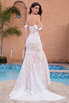 White Appliques Mermaid Off the Shoulder Wedding Dress