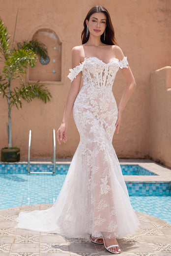 White Appliques Mermaid Off the Shoulder Wedding Dress