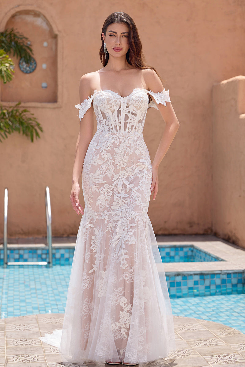Load image into Gallery viewer, White Appliques Mermaid Off the Shoulder Wedding Dress