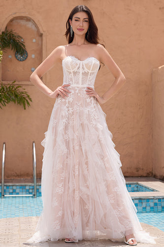 White Appliques A Line Sweetheart Corset Wedding Dress