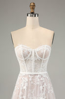 Load image into Gallery viewer, White A Line Sweetheart Sweep Train Corset Wedding Dress with Applique Lace