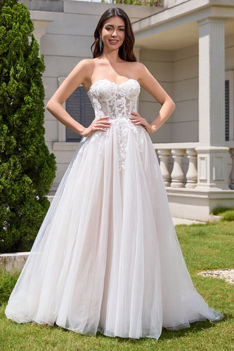 Appliques White A Line Sweetheart Long Wedding Dress