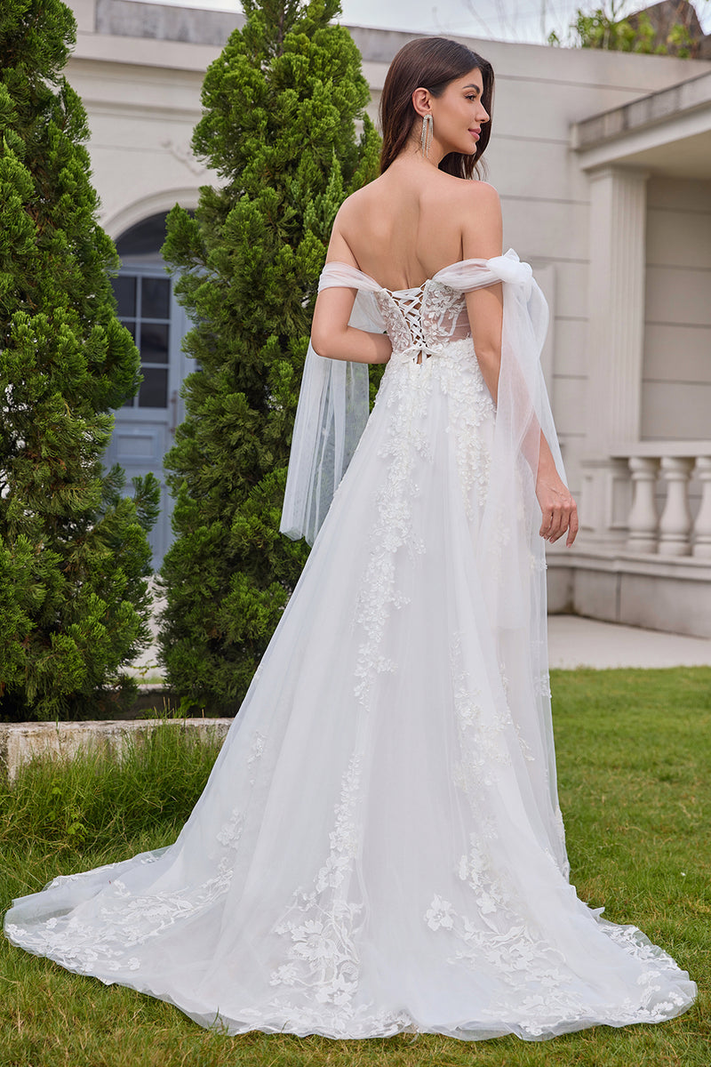 Load image into Gallery viewer, White A-Line Appliques Lace Up Tulle Corset Wedding Dress