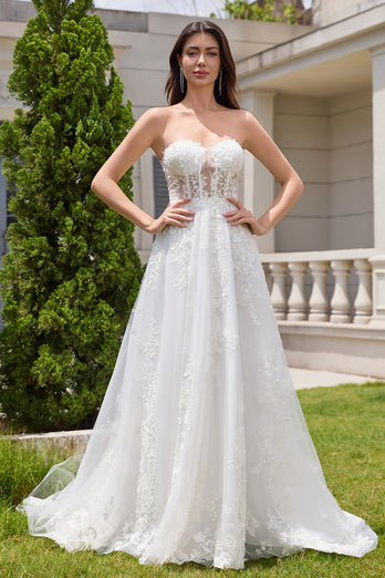 White A-Line Appliques Lace Up Tulle Corset Wedding Dress
