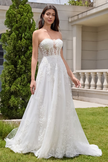White A-Line Appliques Lace Up Tulle Corset Wedding Dress