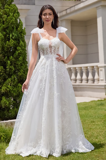 White A-Line Appliques Lace Up Tulle Corset Wedding Dress