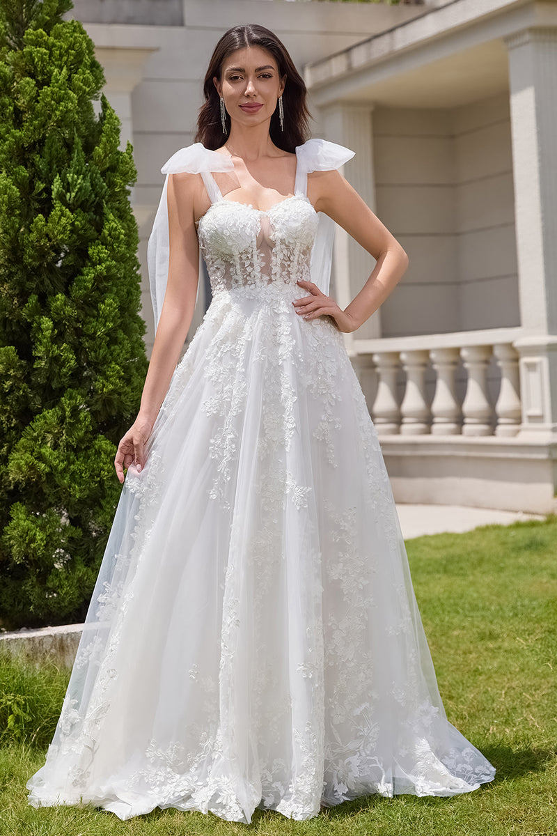 Load image into Gallery viewer, White A-Line Appliques Lace Up Tulle Corset Wedding Dress