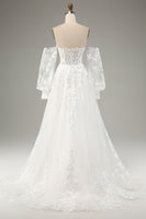 Load image into Gallery viewer, White A Line Tulle Long Sleeves Wedding Dress with Appliques Lace
