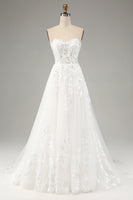 Load image into Gallery viewer, White A Line Tulle Long Sleeves Wedding Dress with Appliques Lace