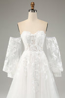 Load image into Gallery viewer, White A Line Tulle Long Sleeves Wedding Dress with Appliques Lace
