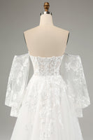 Load image into Gallery viewer, White A Line Tulle Long Sleeves Wedding Dress with Appliques Lace