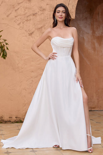White A Line Strapless Pleated Long Wedding Dress With Slit