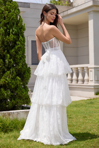 White Strapless Corset Tiered Long Wedding Dress