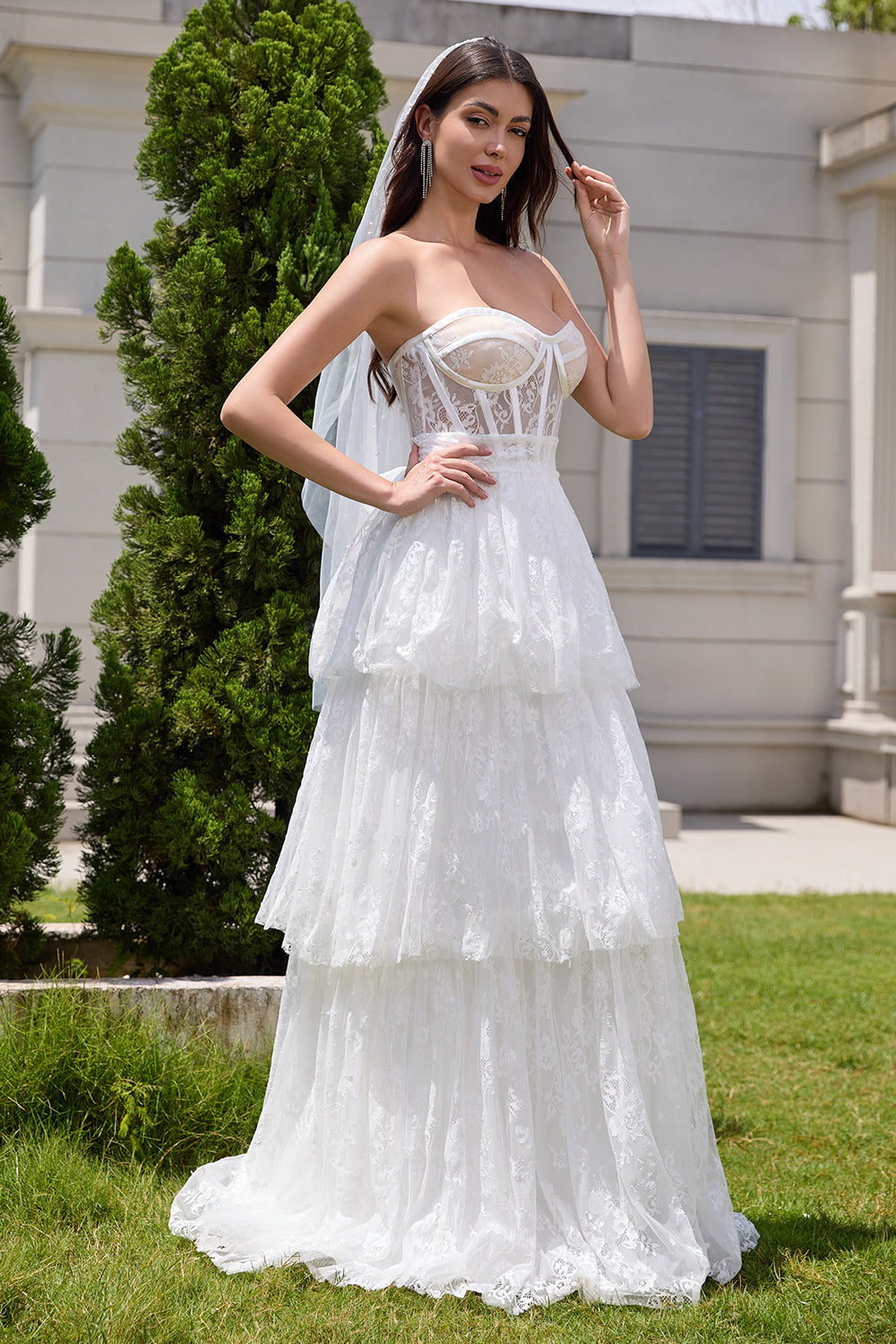 White Strapless Corset Tiered Long Wedding Dress