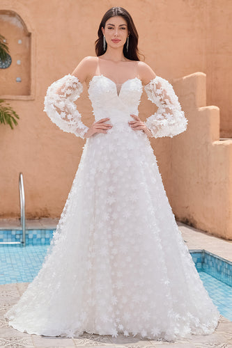 White A Line Sweetheart Applique Wedding Dress with Detachable Sleeves