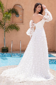 White A Line Sweetheart Applique Wedding Dress with Detachable Sleeves