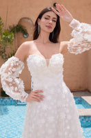 Load image into Gallery viewer, White A Line Sweetheart Applique Wedding Dress with Detachable Sleeves