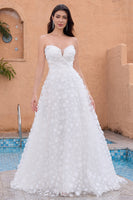Load image into Gallery viewer, White A Line Sweetheart Applique Wedding Dress with Detachable Sleeves
