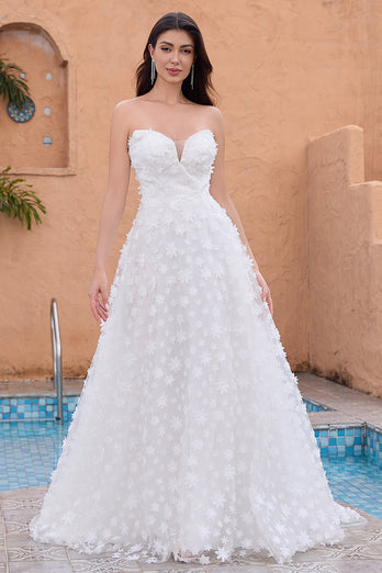 White A Line Sweetheart Applique Wedding Dress with Detachable Sleeves