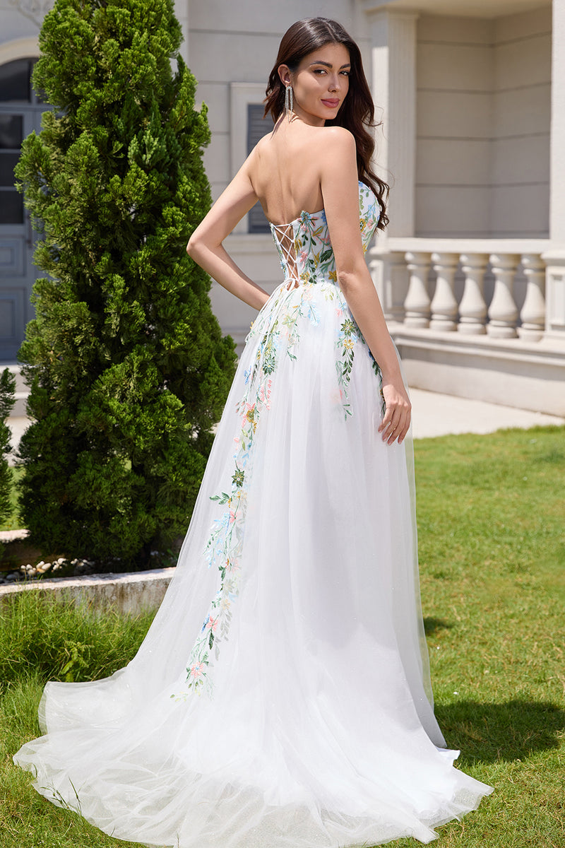 Load image into Gallery viewer, White A Line Strapless 3D Flowers Tulle Wedding Dress with Slit