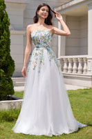 Load image into Gallery viewer, White A Line Strapless 3D Flowers Tulle Wedding Dress with Slit