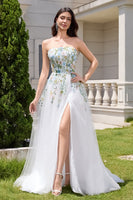 Load image into Gallery viewer, White A Line Strapless 3D Flowers Tulle Wedding Dress with Slit