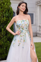 Load image into Gallery viewer, White A Line Strapless 3D Flowers Tulle Wedding Dress with Slit